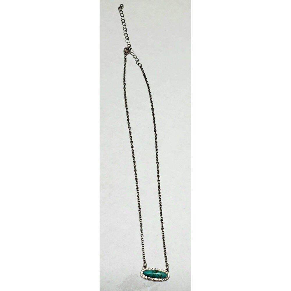 Art Deco Silver Tone Bar Pendant Necklace  Turquoise Stone 21" Chain